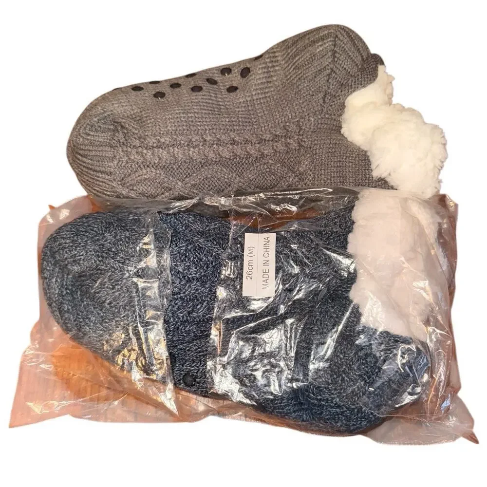 Unbranded Sz M Two‎ Pair Fleece Lined Slipper Socks No Slip Cozy